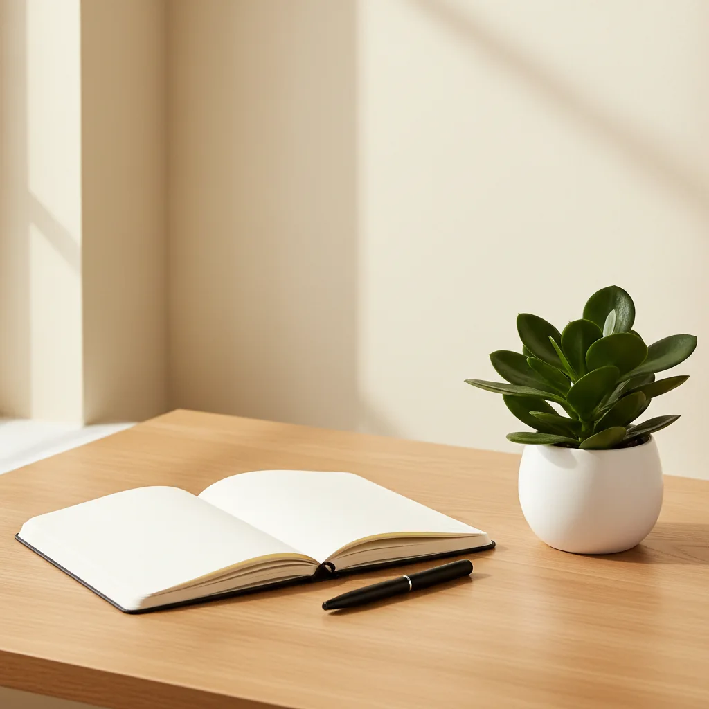A calm workspace with a notebook, pen and a small potted plant on a light wooden desk