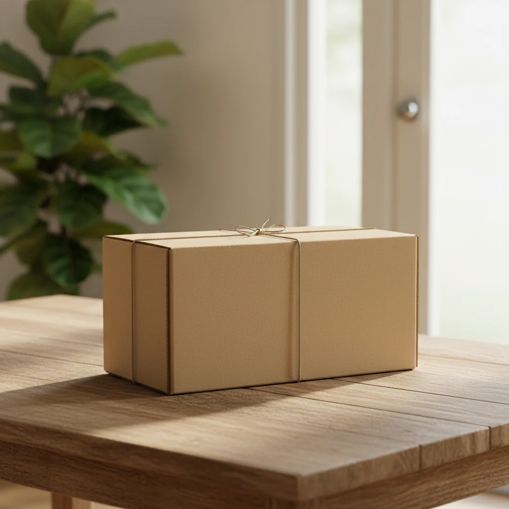 A neat plain kraft parcel box on a table near a bright entryway door