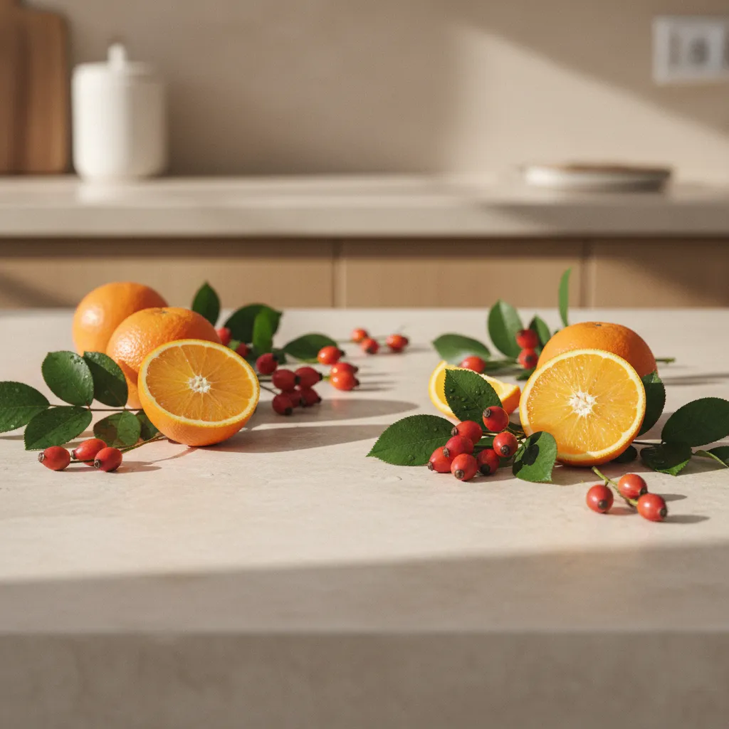 Citrus fruits, rosehip berries and green leaves arranged on a light stone kitchen surface