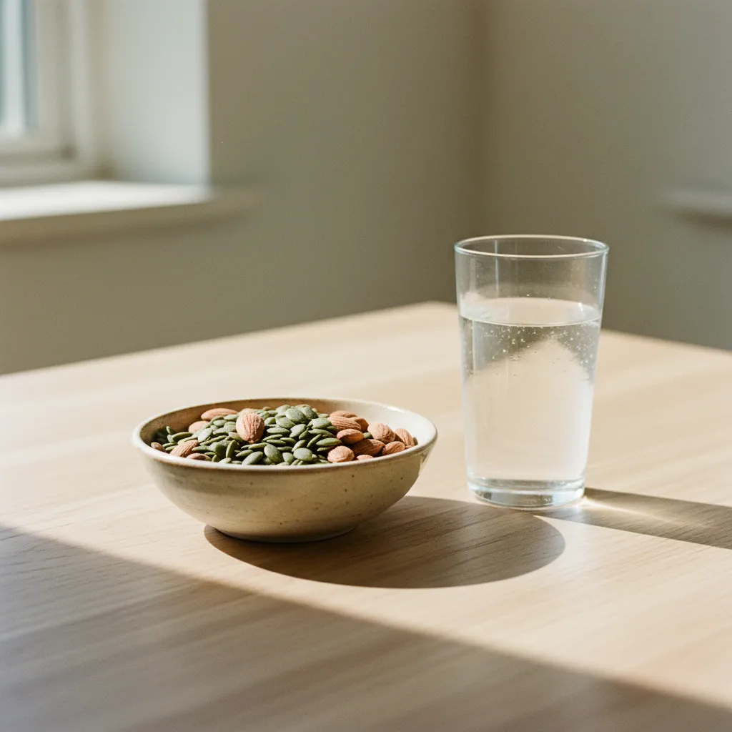 Small ceramic bowl of almonds pumpkin seeds and a glass of water on a wooden kitchen table