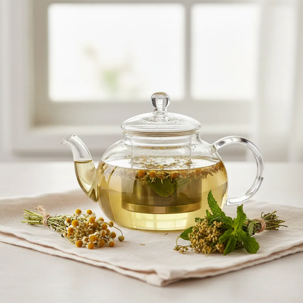 Loose leaf herbal tea in a glass teapot beside dried herbs on a linen cloth