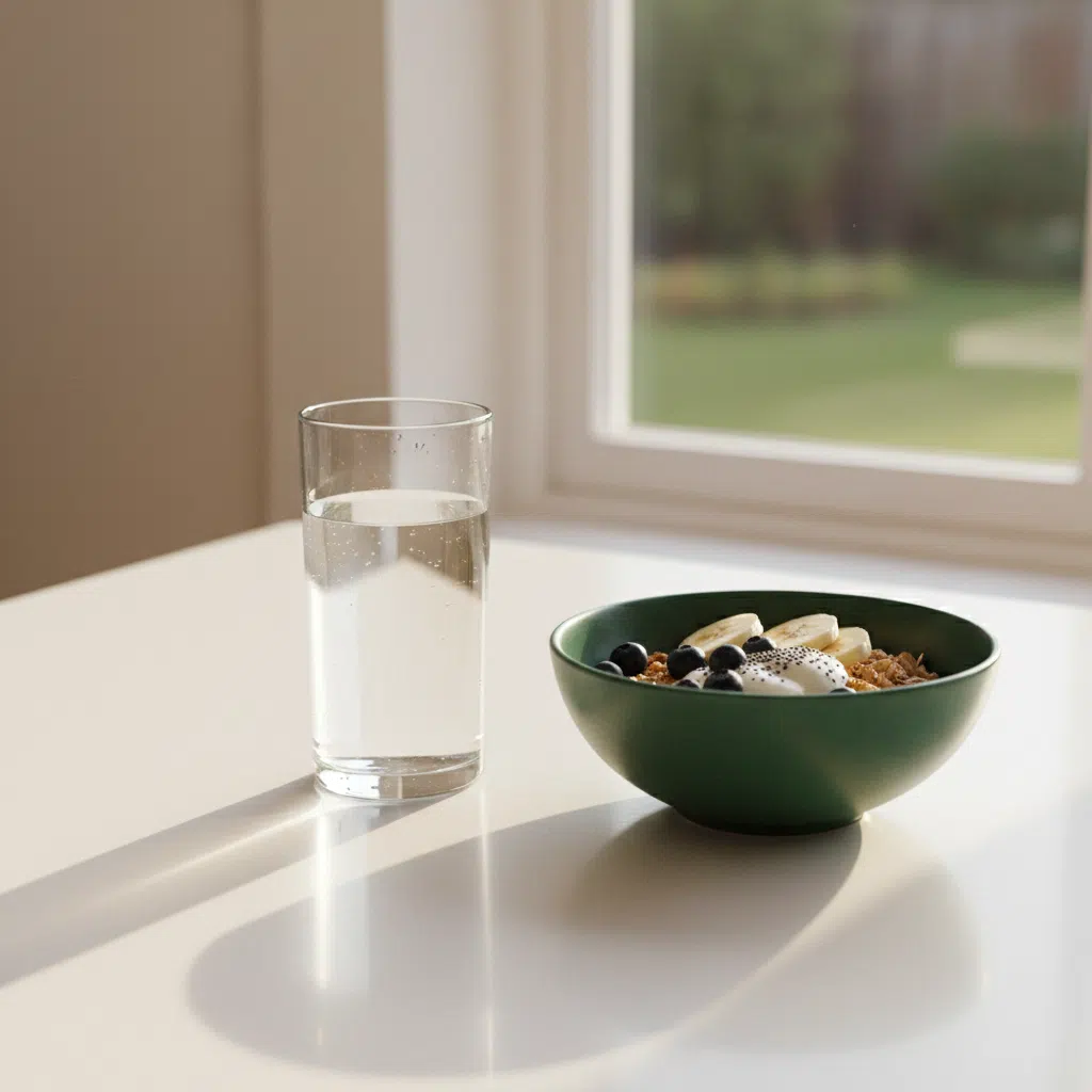 A glass of water and a healthy breakfast on a bright white kitchen table in morning light